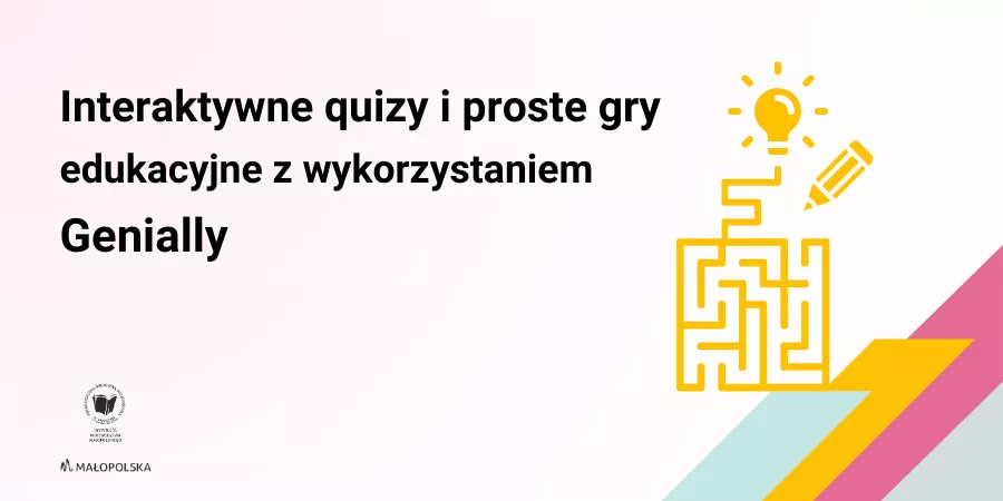 Zdjęcie zawiera prostą grafikę labiryntu, ołówek i żarówkę oraz temat warsztatów dla nauczycieli.